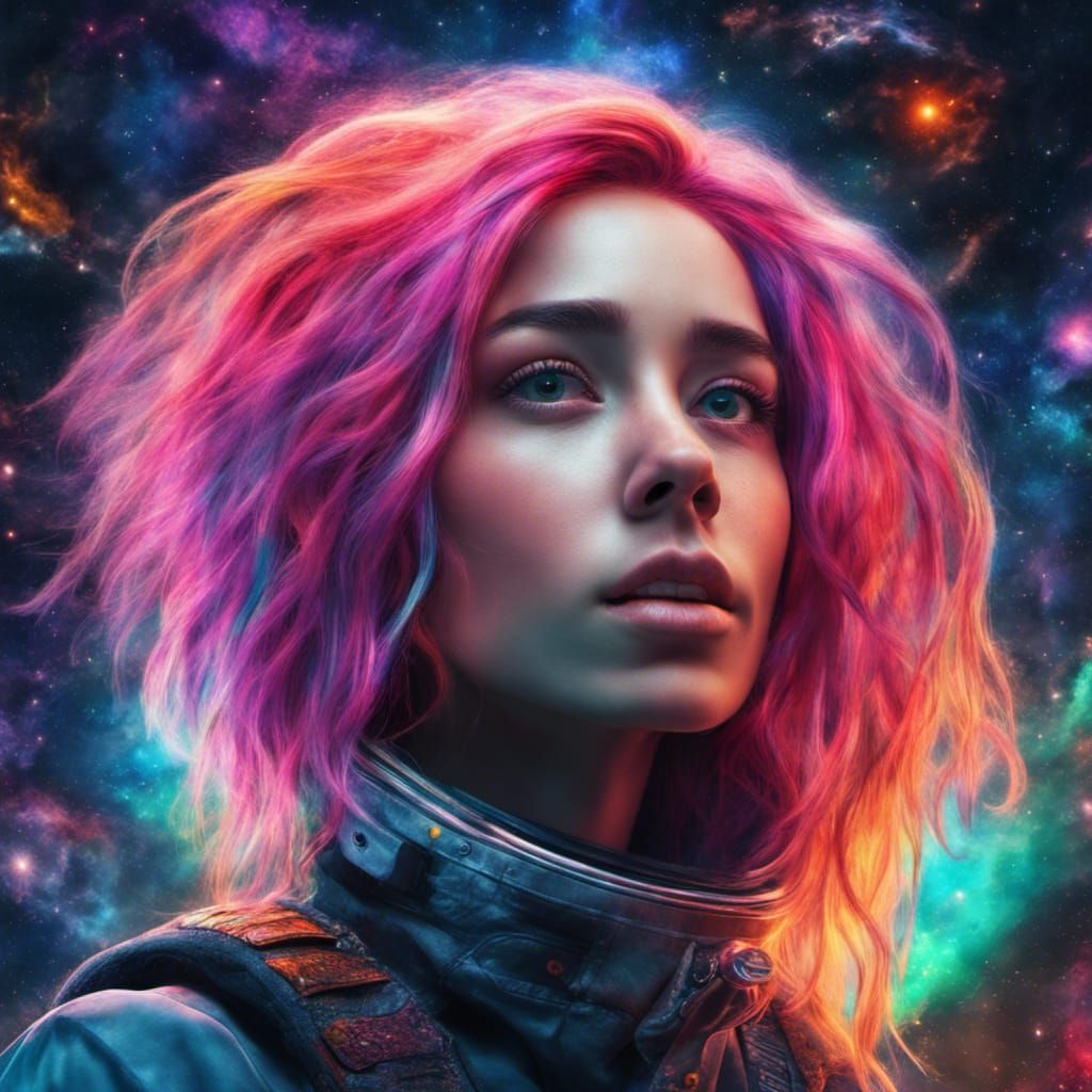 Neon Haired Girl in Space: Hyperrealistic Image