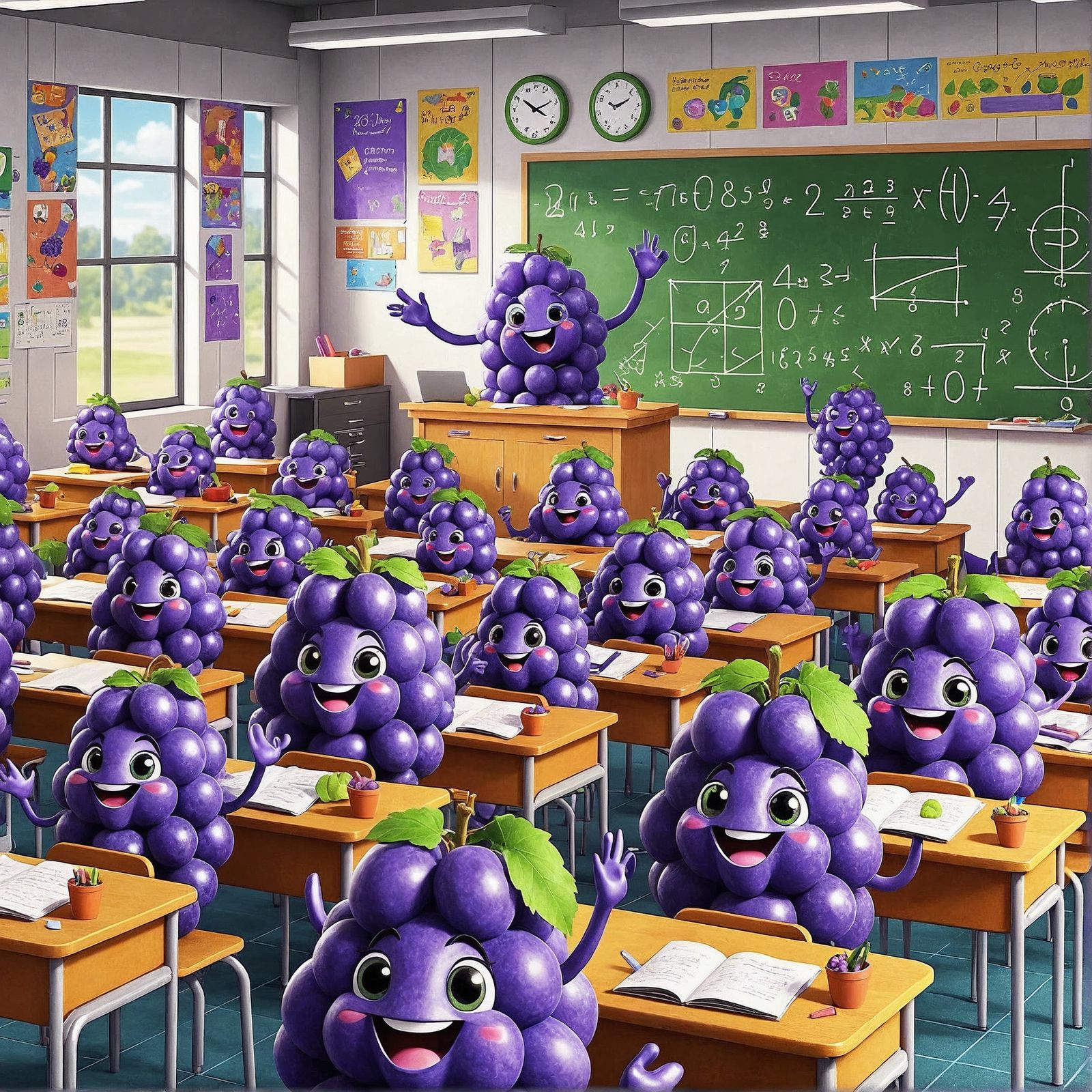 Animated Grapes Learn Math in Cartoon Classroom
