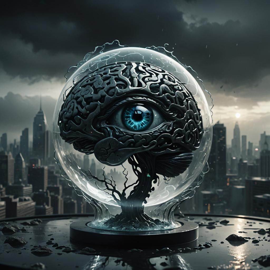 Surreal Dark Fantasy Cityscape with Glass 'A' Shape