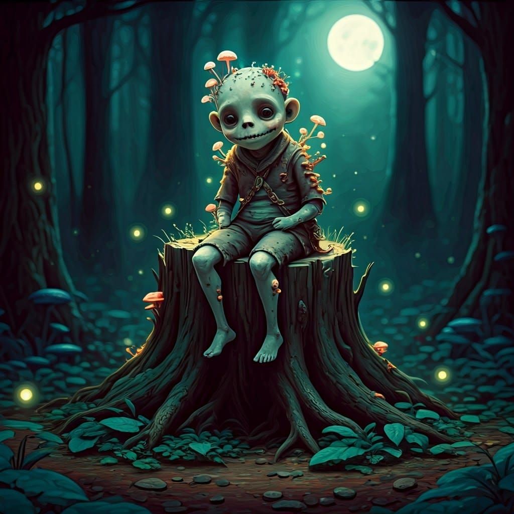 Whimsical Ghoul in Mystical Moonlit Forest