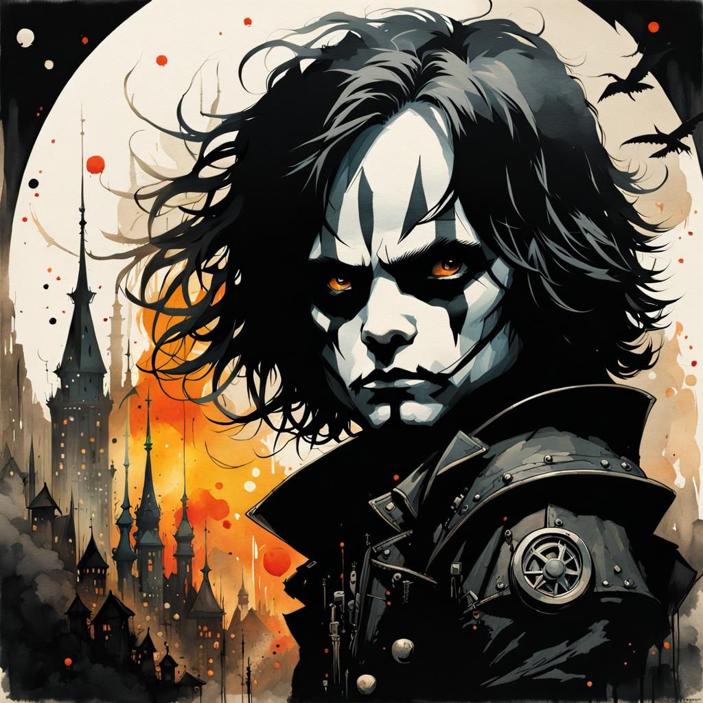 Chibi Eric Draven in Cinematic Watercolor Painting