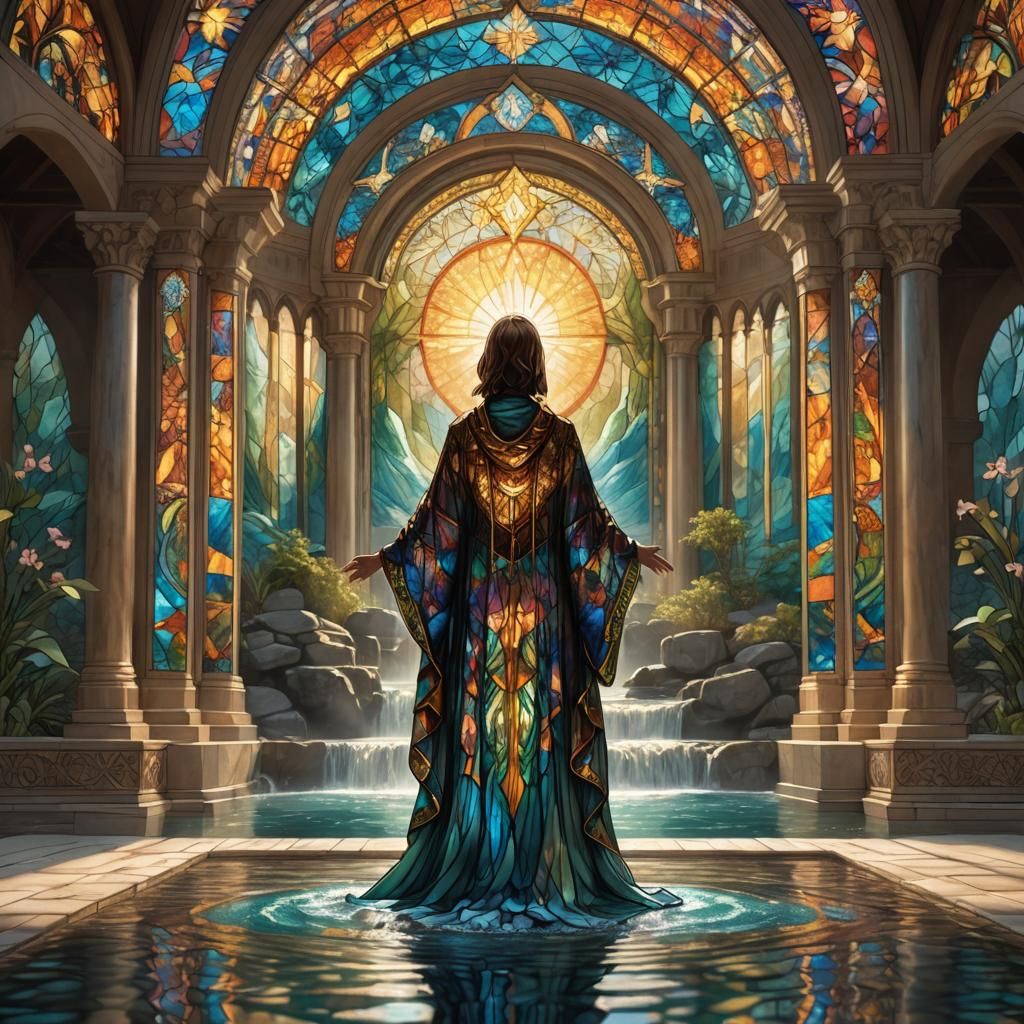 Stained Glass Woman at Waterfall Altar