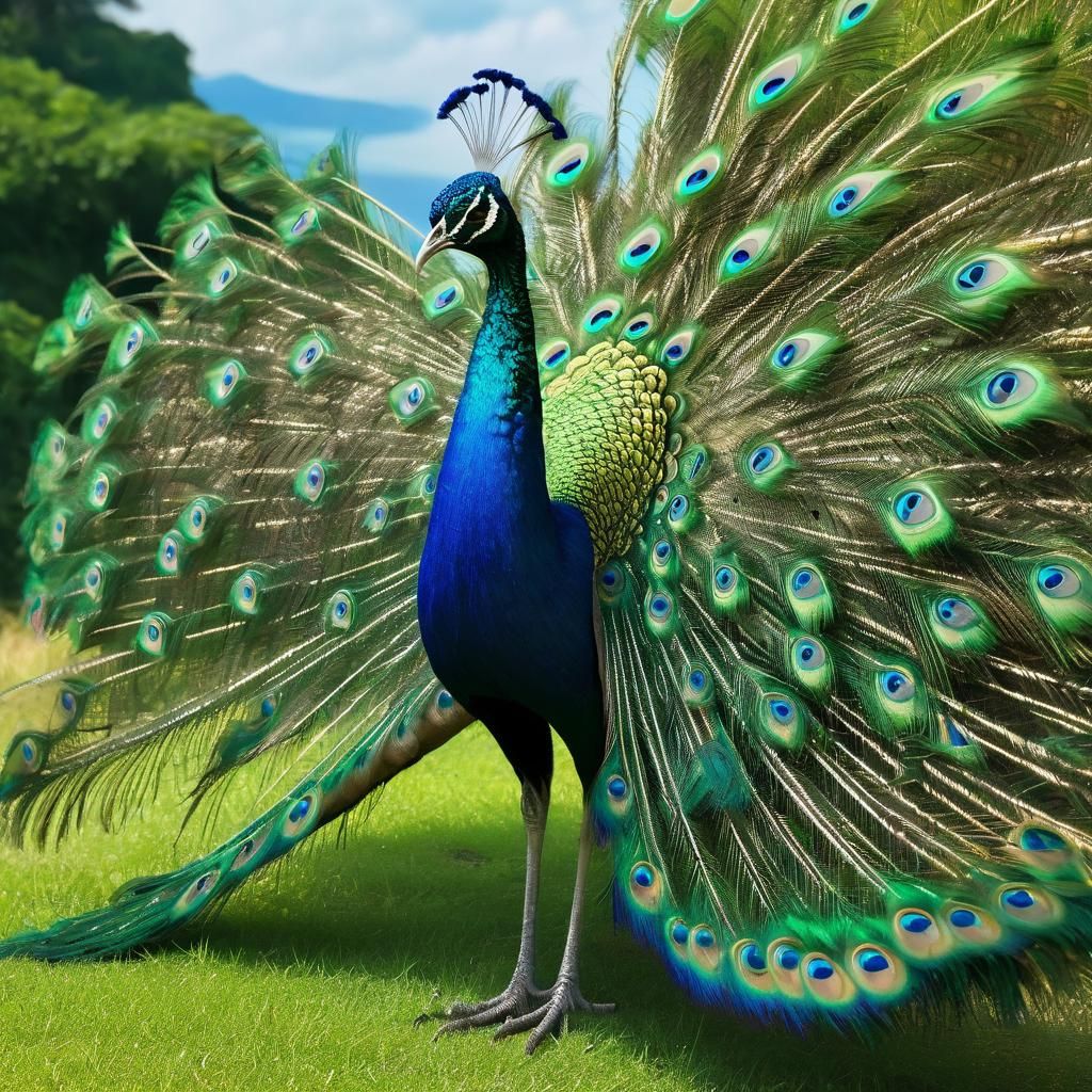 Brilliant Peacock Displaying Iridescent Tail Feathers