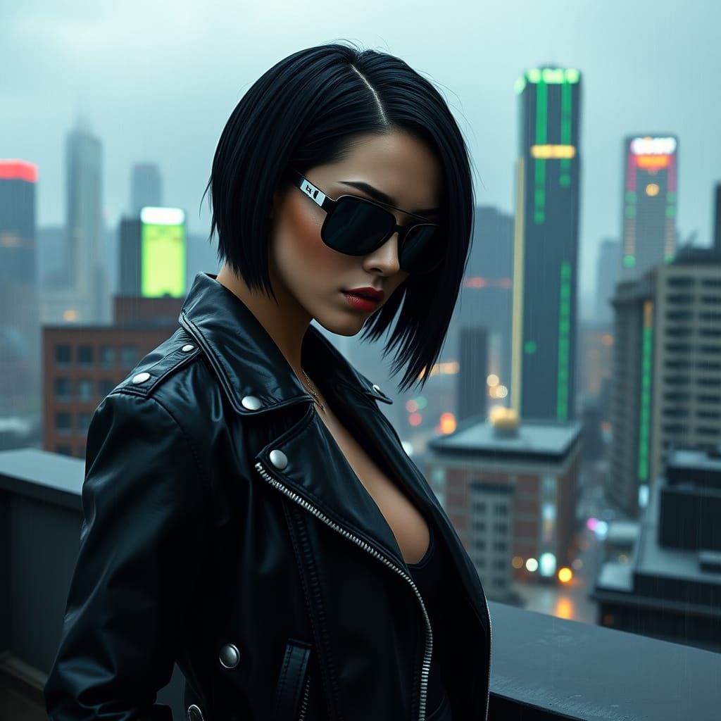 Cyberpunk Hacker Goddess Amidst Rainy Cityscape