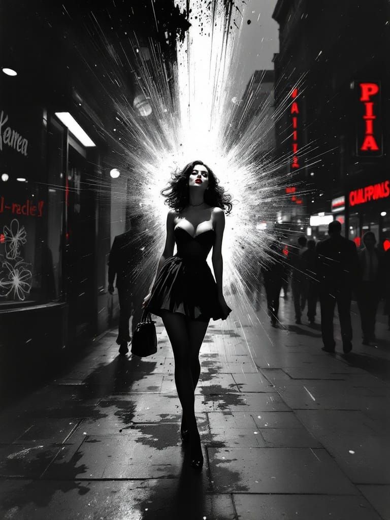 Woman in 1950s Style on Rainy City Street