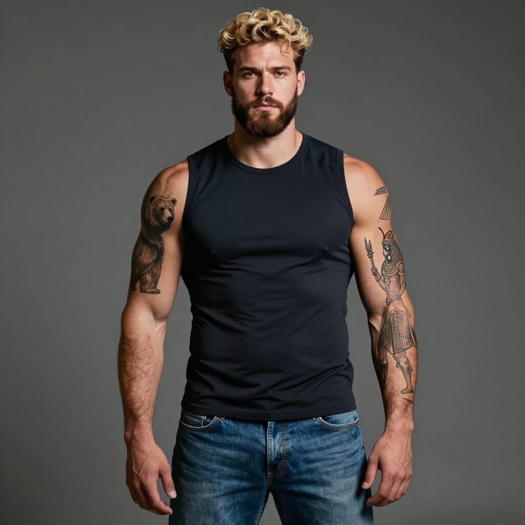 Muscular Man with Intimidating Expression, Detailed Tattoos