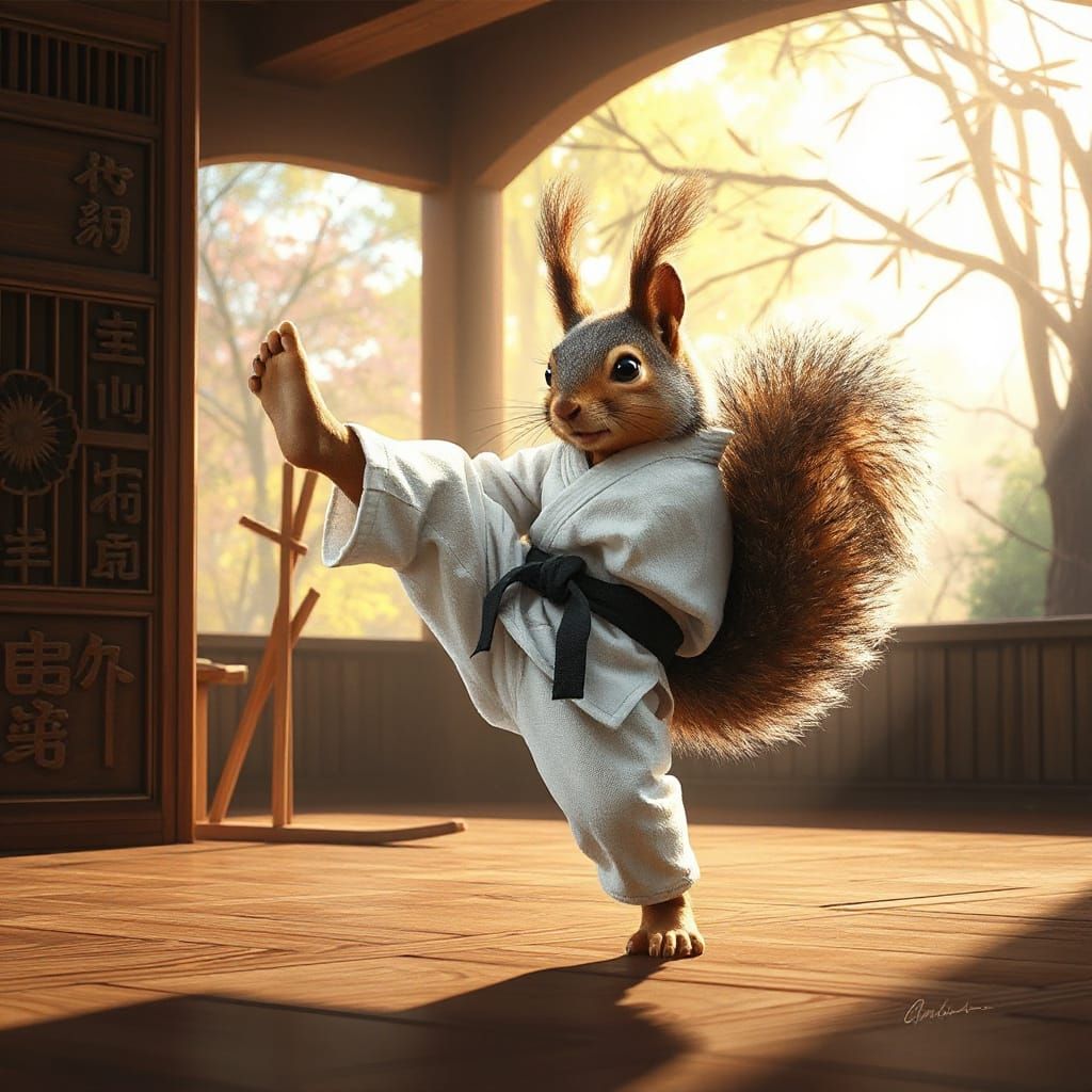 Squirrel's Energetic Karate Kick in Springtime Dojo