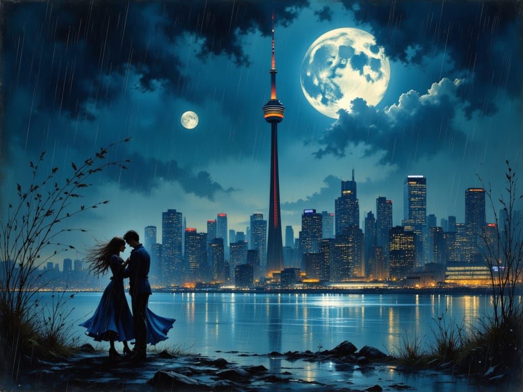 Toronto Couple Dancing in Rain, Oil Painting Style