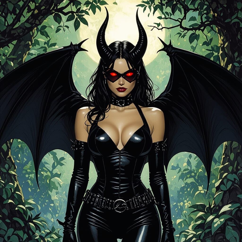 Demon Woman with Black Wings in Dark Forest