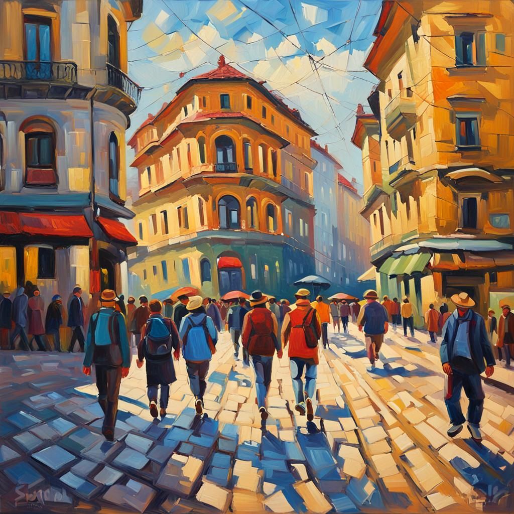 Sofia Street Scene as Expressionist Oil Painting