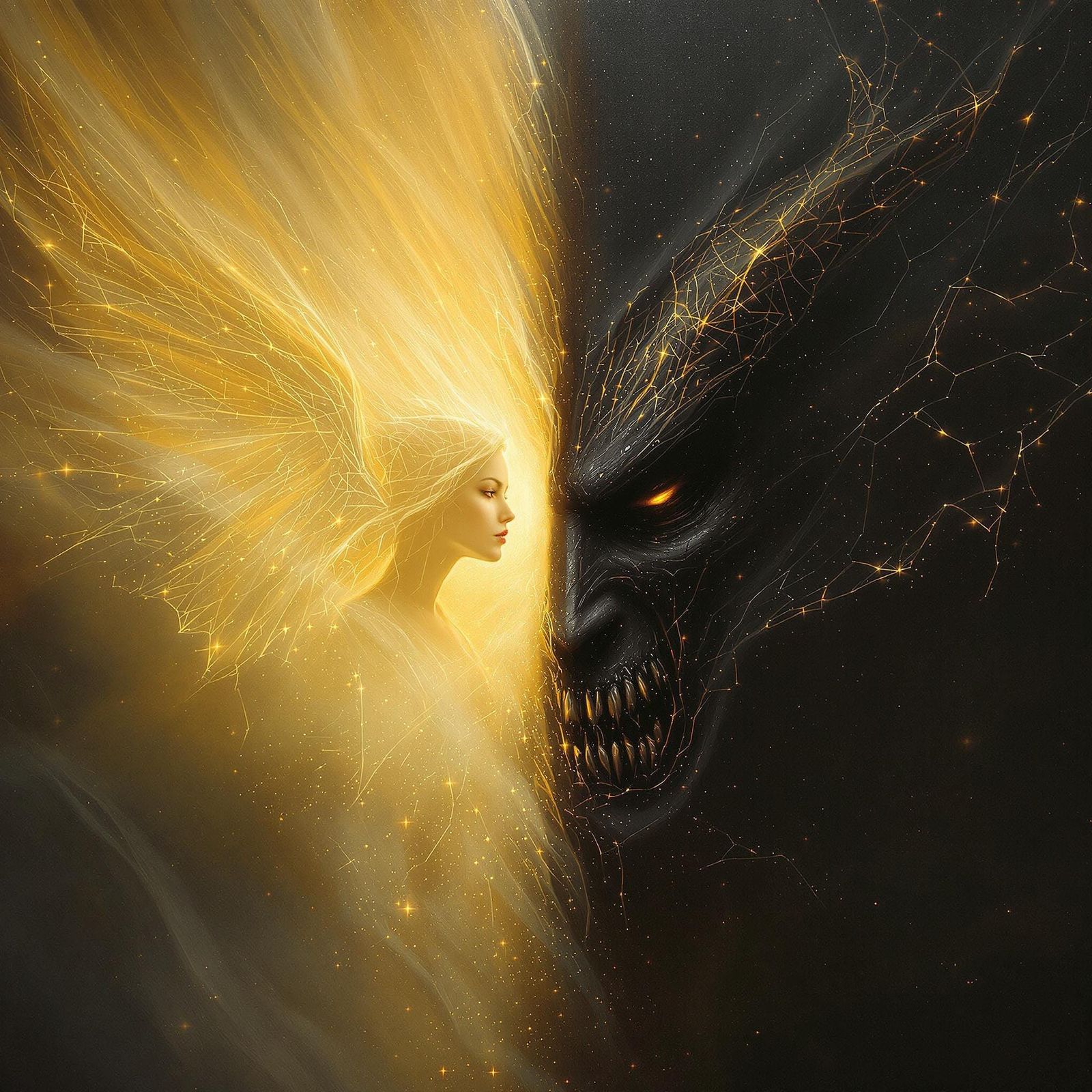 Angel and Demon Clash in Surreal Light