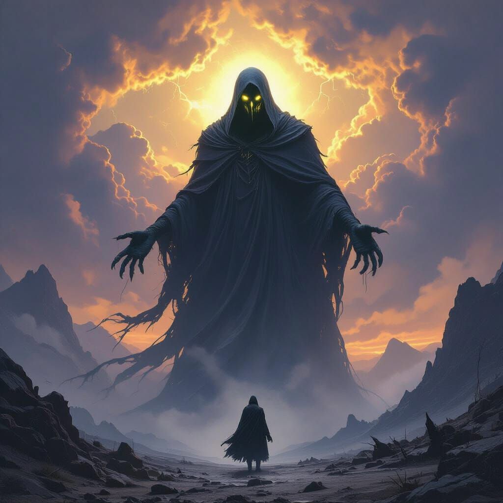 Colossal Cosmic Horror Entity Over Desolate Mountains