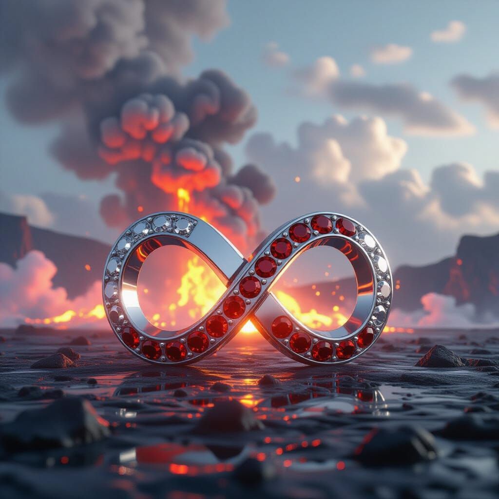 Gems Adorn Infinity Symbol Amidst Volcanic Explosion