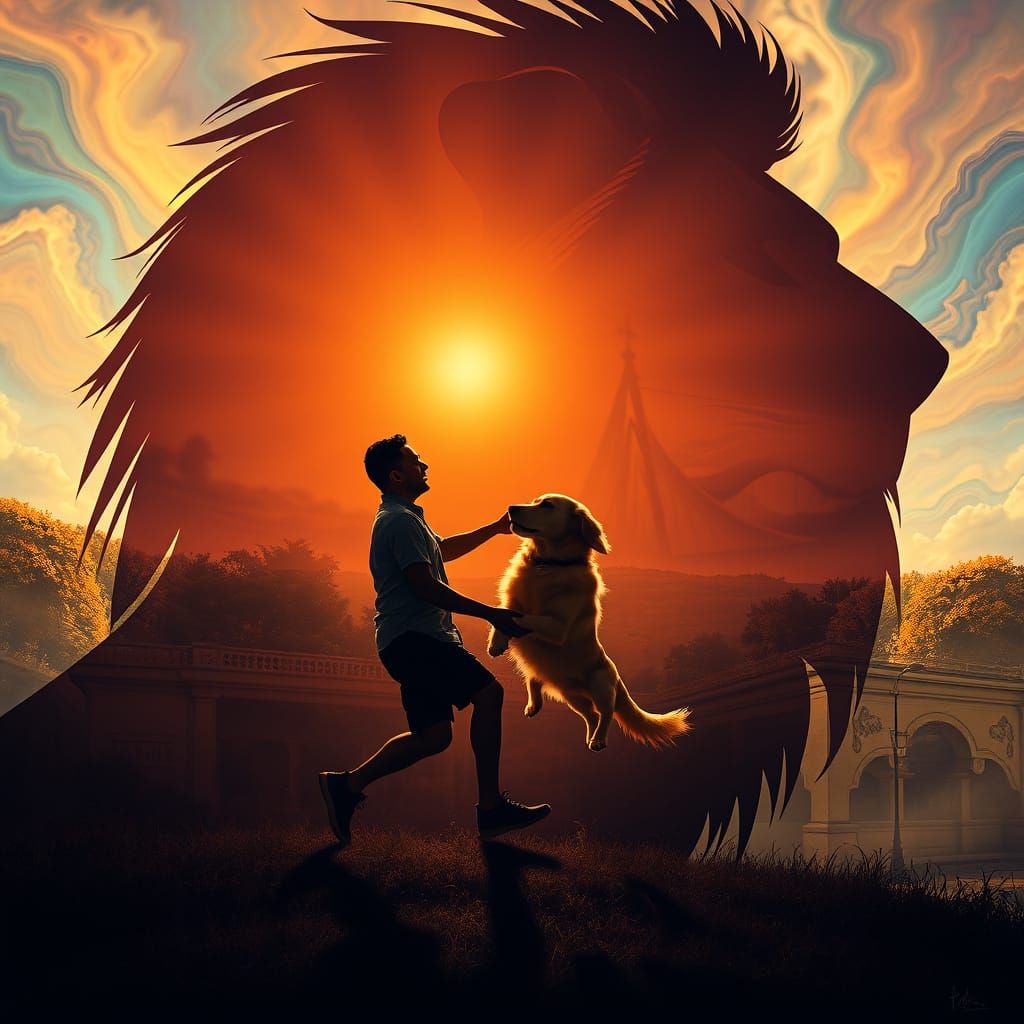 Man and Dog Silhouetted in Lion Profile, Surreal Park Scene