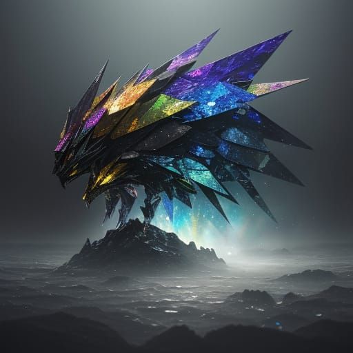 Ethereal Mosaic Creature Awakens in Dark Atmosphere