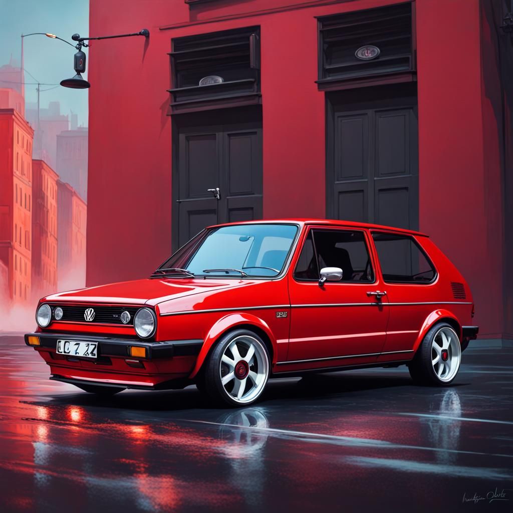 Red Volkswagen Golf GTI: Hyperrealistic Splash Art