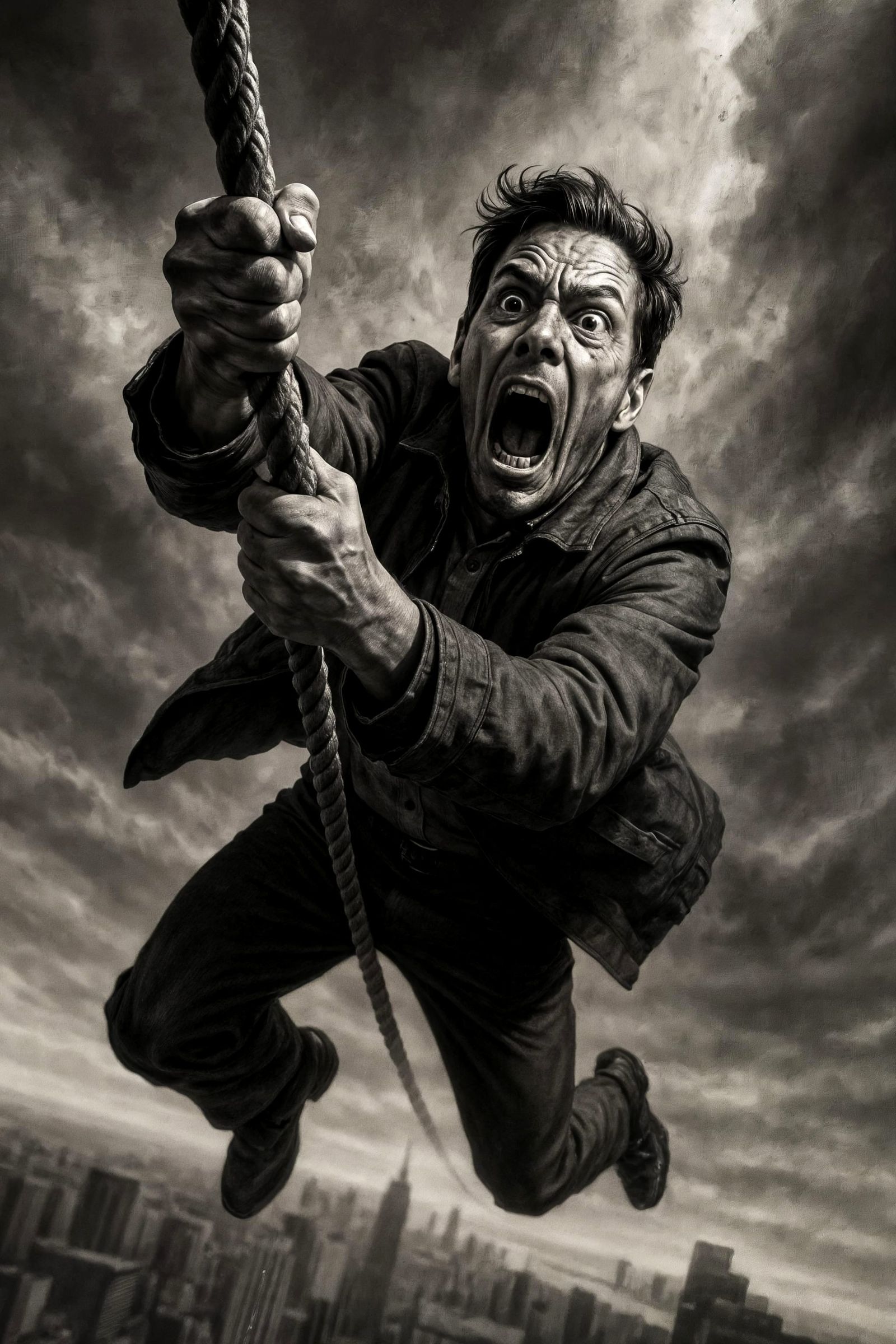 Man Falling From Height Gripping Rope