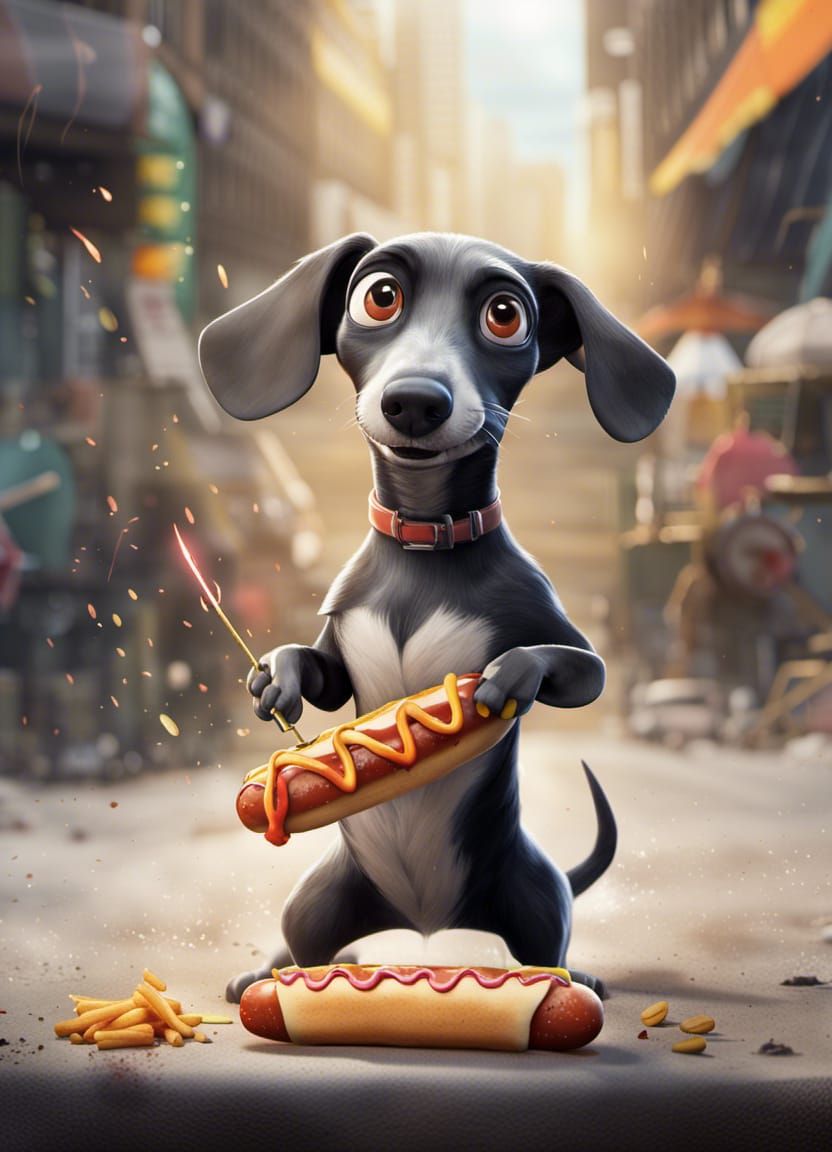 Dapple Dachshund Eating Hotdog in Graffiti Art Style