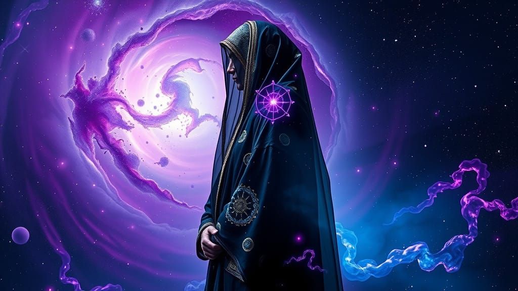 Mysterious Veiled Woman in Celestial Double Exposure