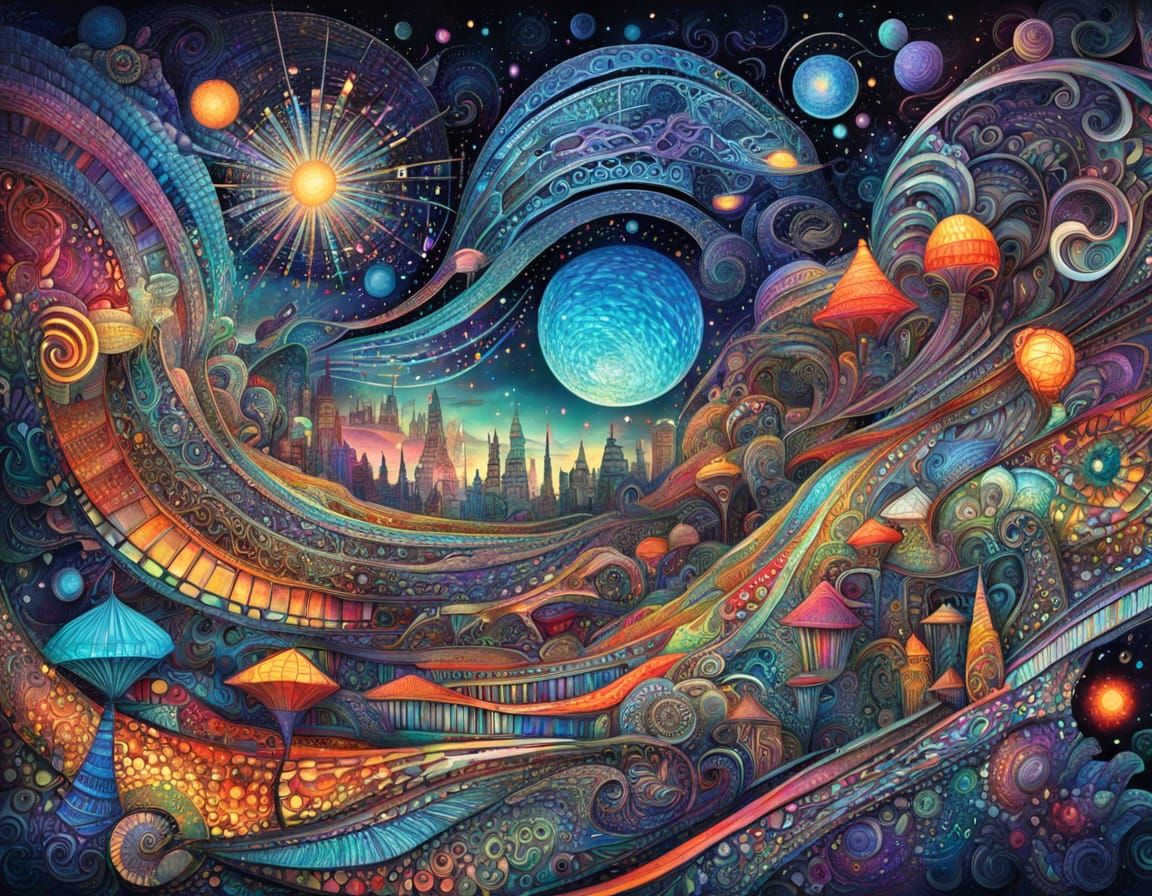 Futuristic Glowing Forms in Surreal Zentangle Galaxy