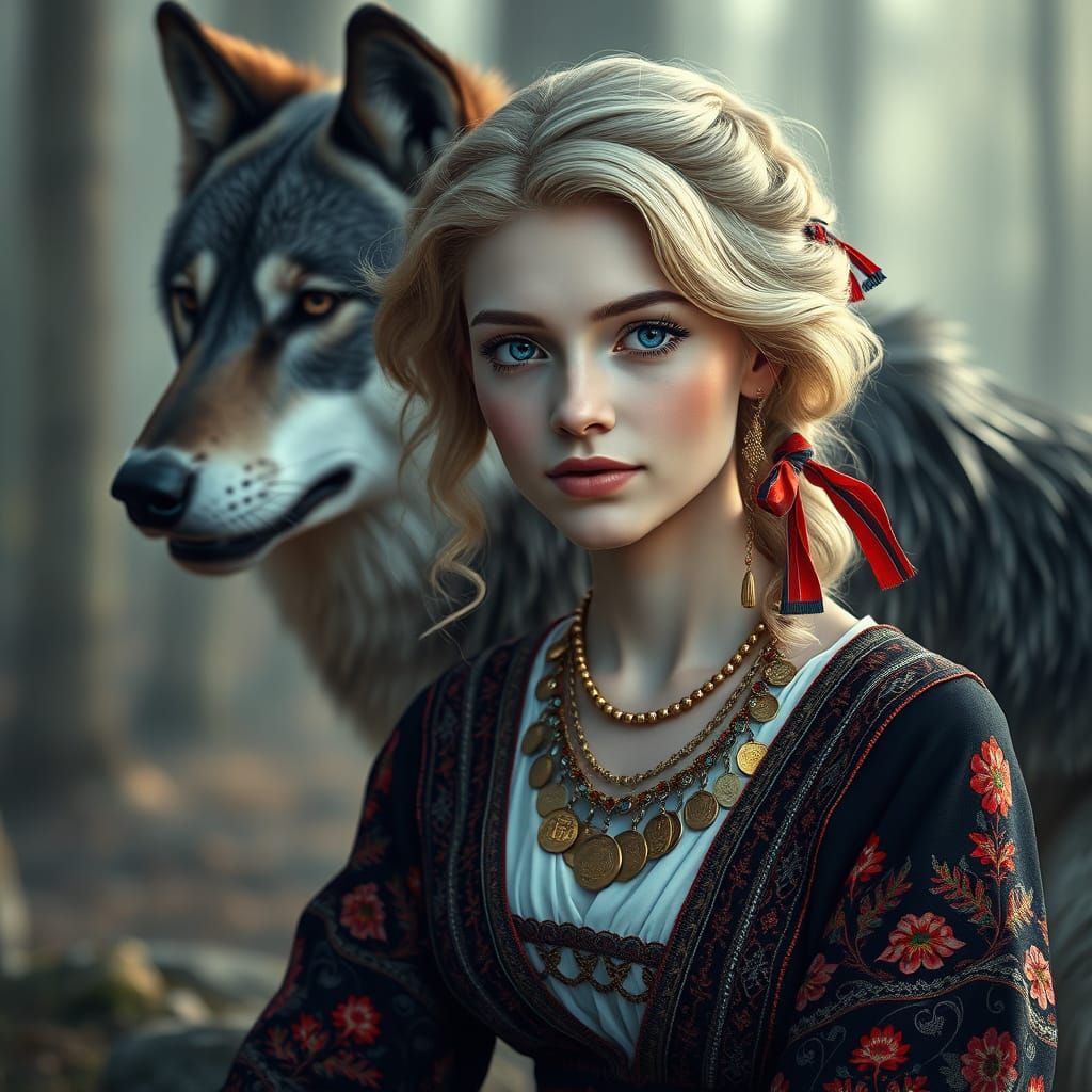 Elegant Woman and Gray Wolf in Forest Light
