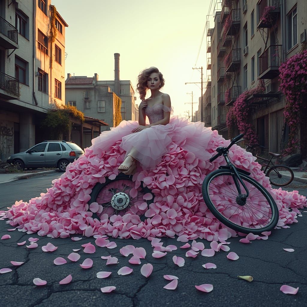 Rose-Hued Princess in Abandoned Industrial Landscape