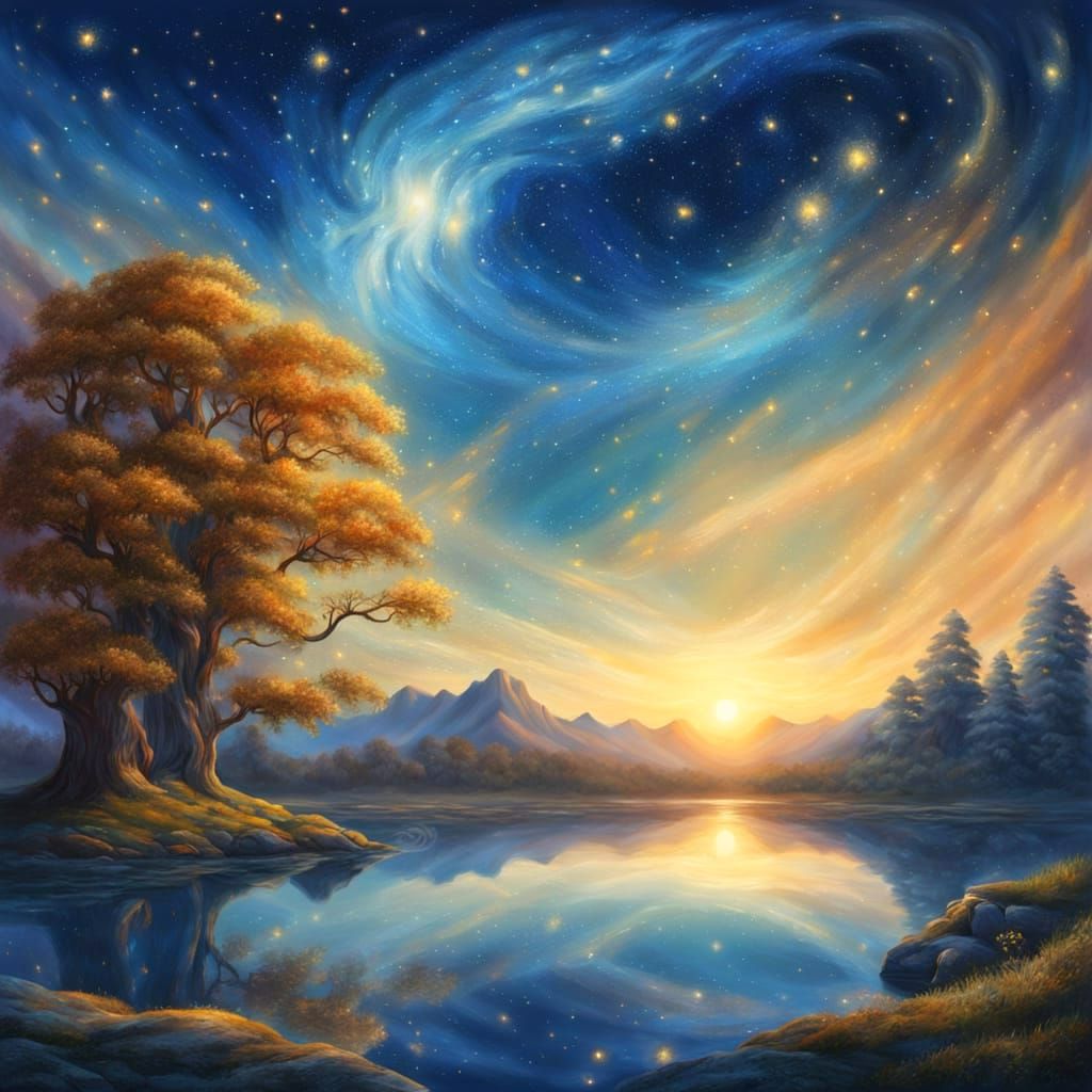 Majestic Starry Sky Oil Painting at Golden Hour