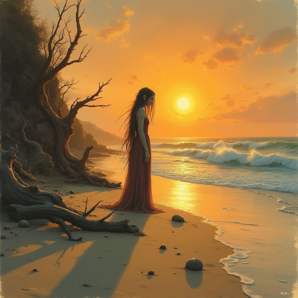 Elf Maiden on Deserted Beach at Sunset