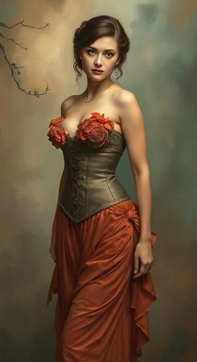 Brunette Pin-Up in Art Nouveau and Tonalism Fusion