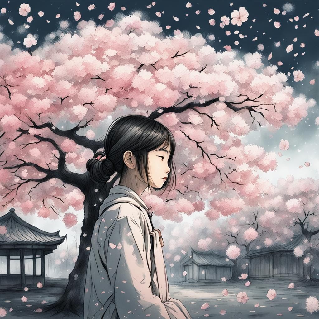 Girl Under Sakura Tree in Ink Sketch Style