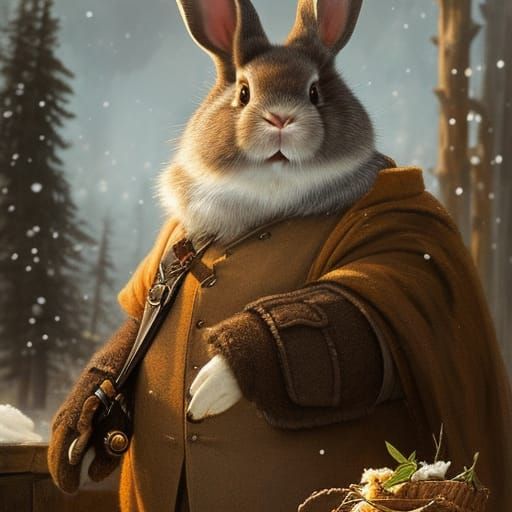 Rabbit Adventurer in Winter, Detailed Matte Painting