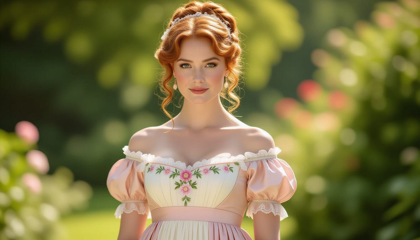 Regency Era Woman With Ginger Hair in Pink Dress