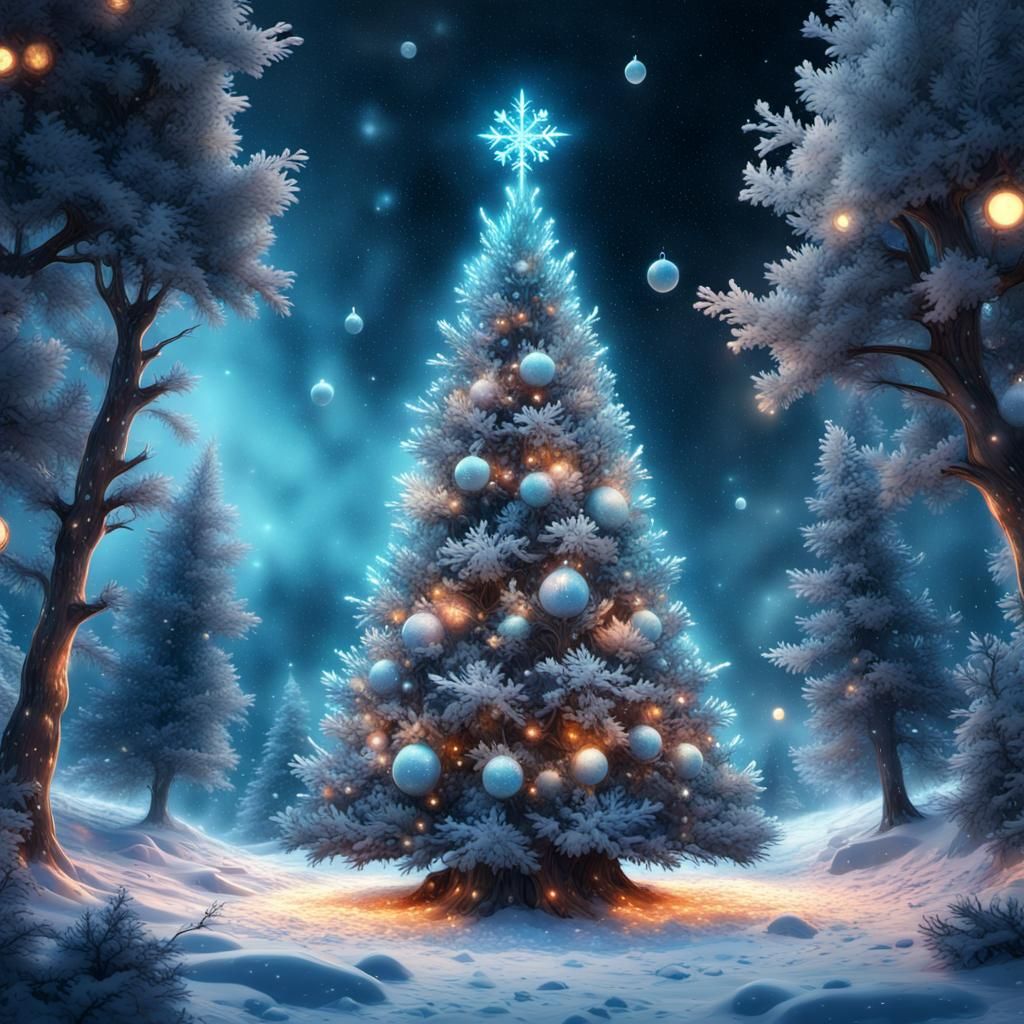 A huge Christmas tree made out of cosmic materials with lights and ornaments attached to them, snowflakes, snowing, beau...
