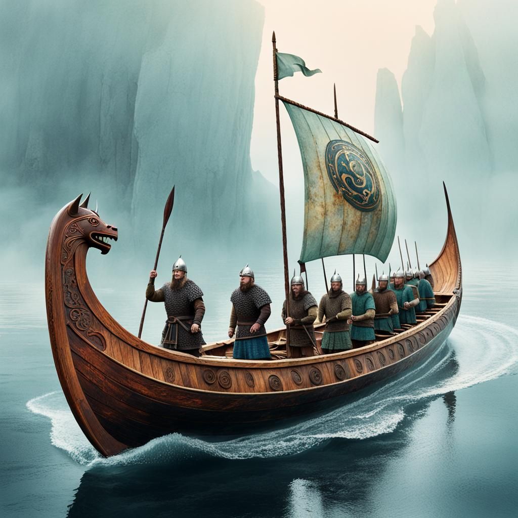 Viking Longboat Amidst Misty Waters in Art Brut Style