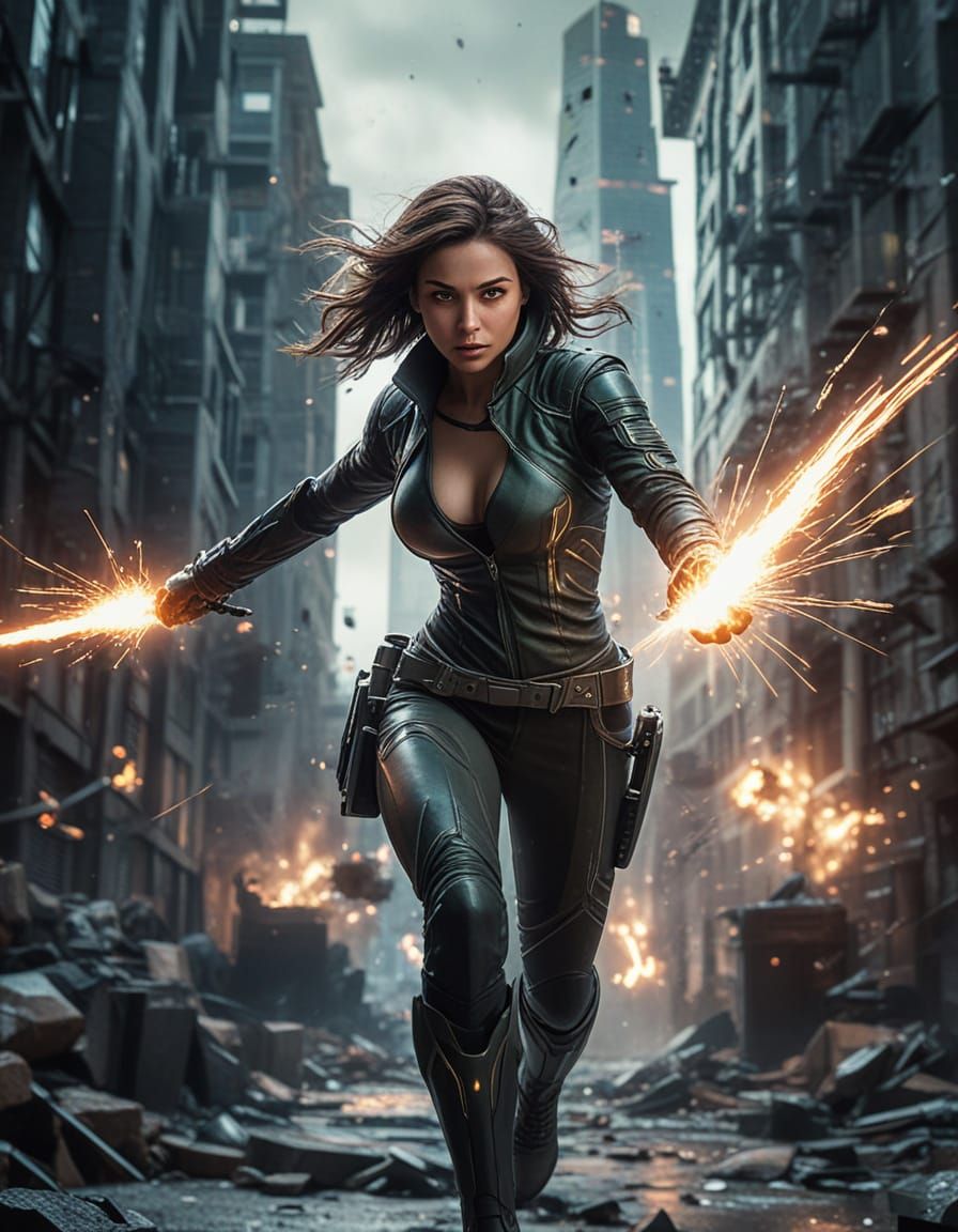 Nimble Rogue Dodging Energy Barrage in Futuristic Cityscape