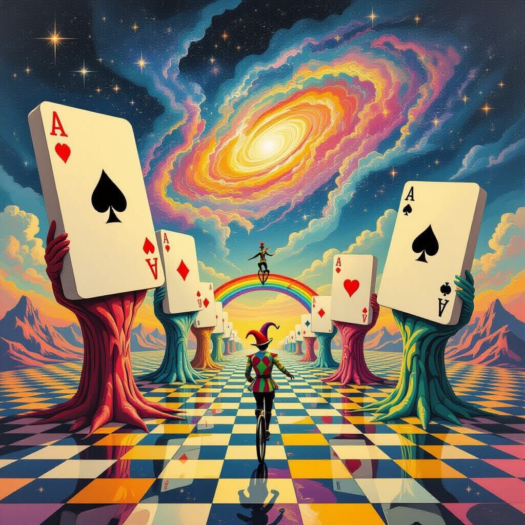 Surreal Landscape of Giant Playing Cards in Dalí Style