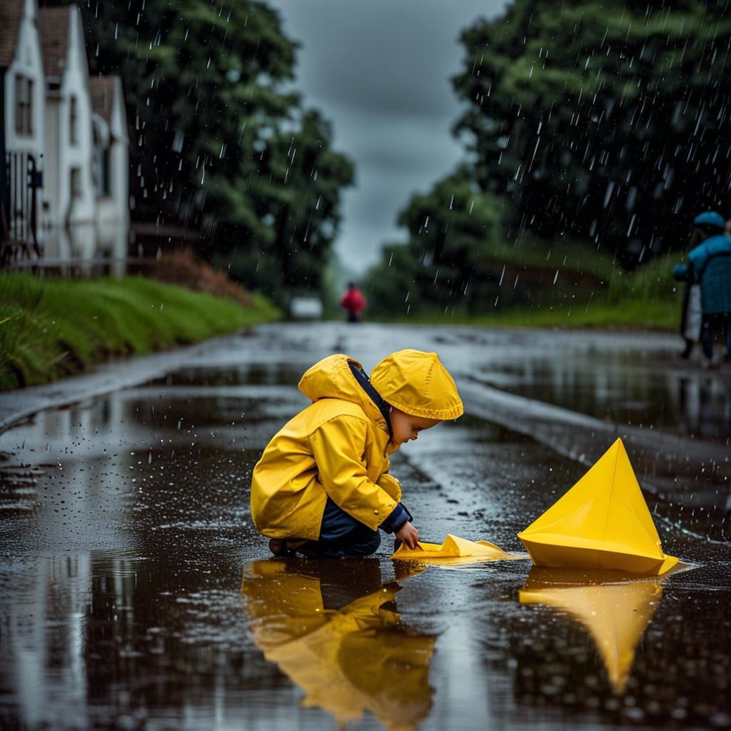 Boy in Yellow Plays with Paper Boat