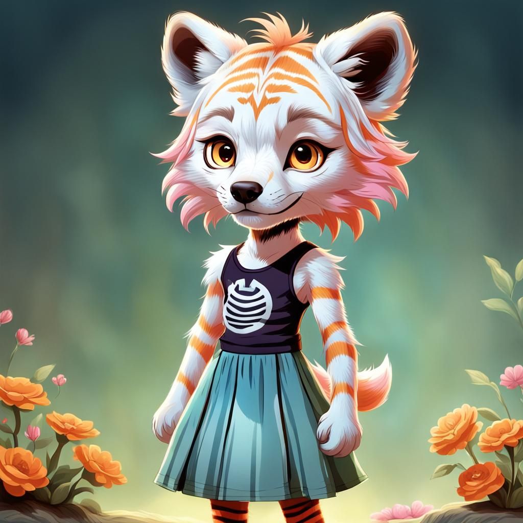 Anthropomorphic Wolf-Tiger Pup in Tank Top and Dress