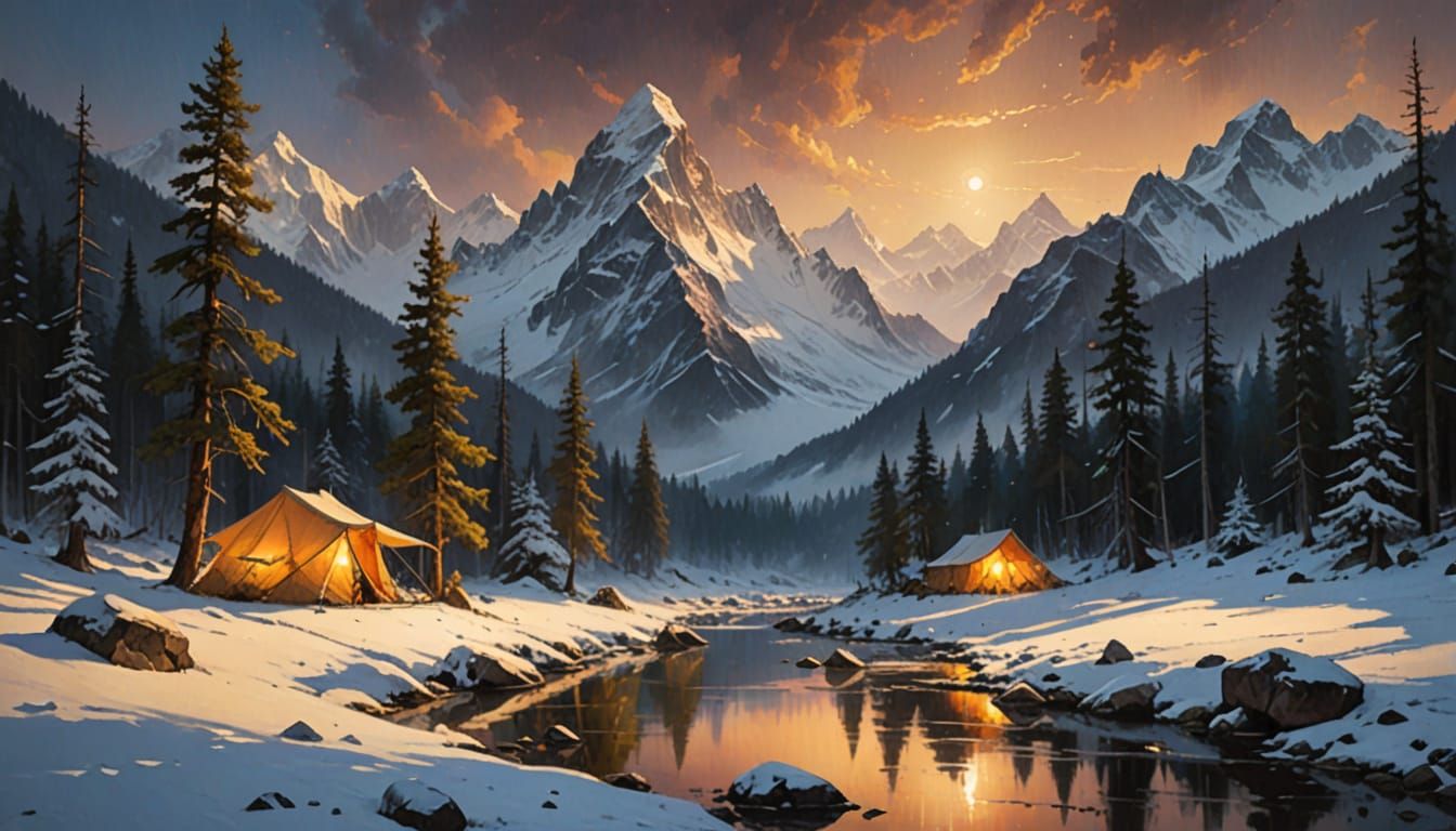 Snowy Himalayan Campsite under Starry Night Sky