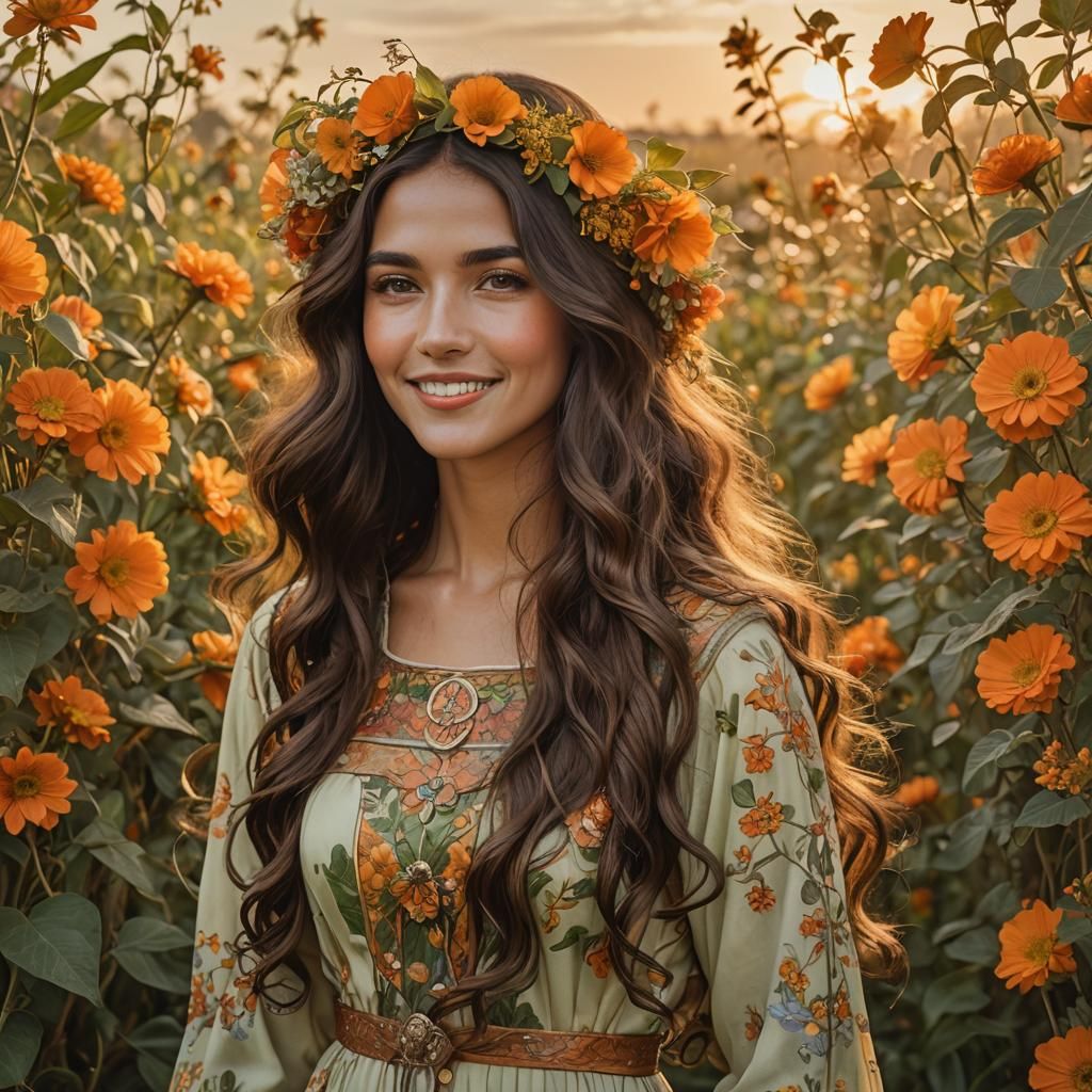 Art Nouveau Portrait in a Blooming Field