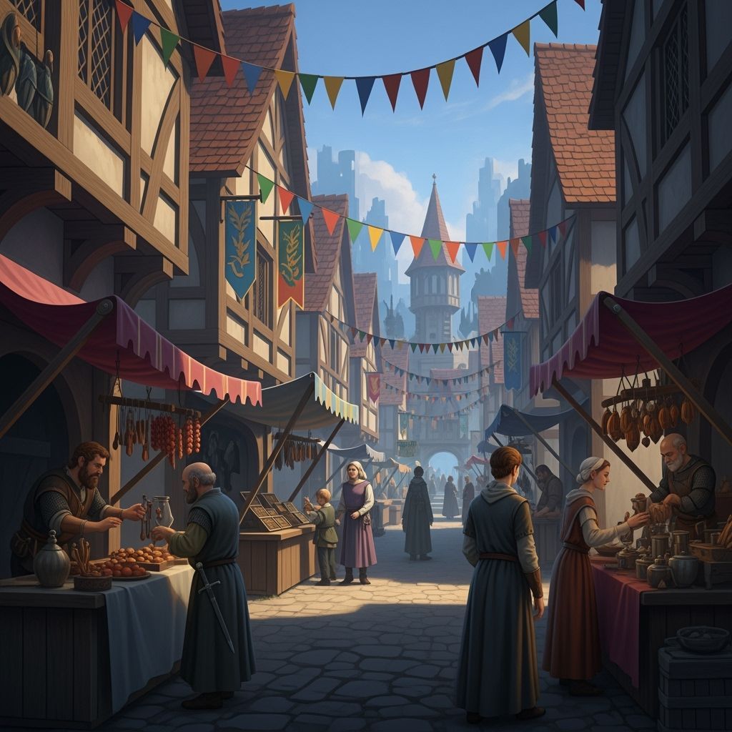 Medieval Marketplace Scene in Fantasy Art Style