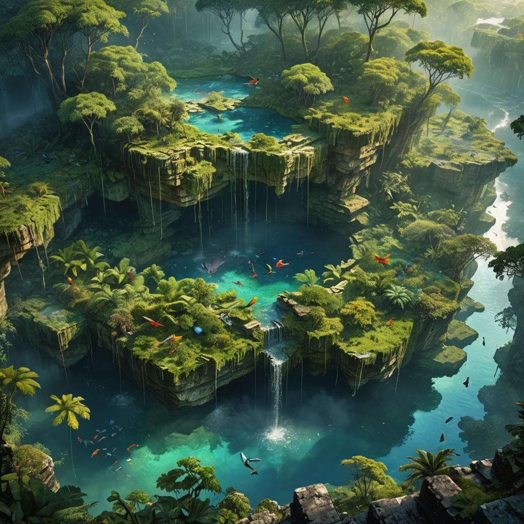 Luminous Cenote of Yucatan in Misty Jungle