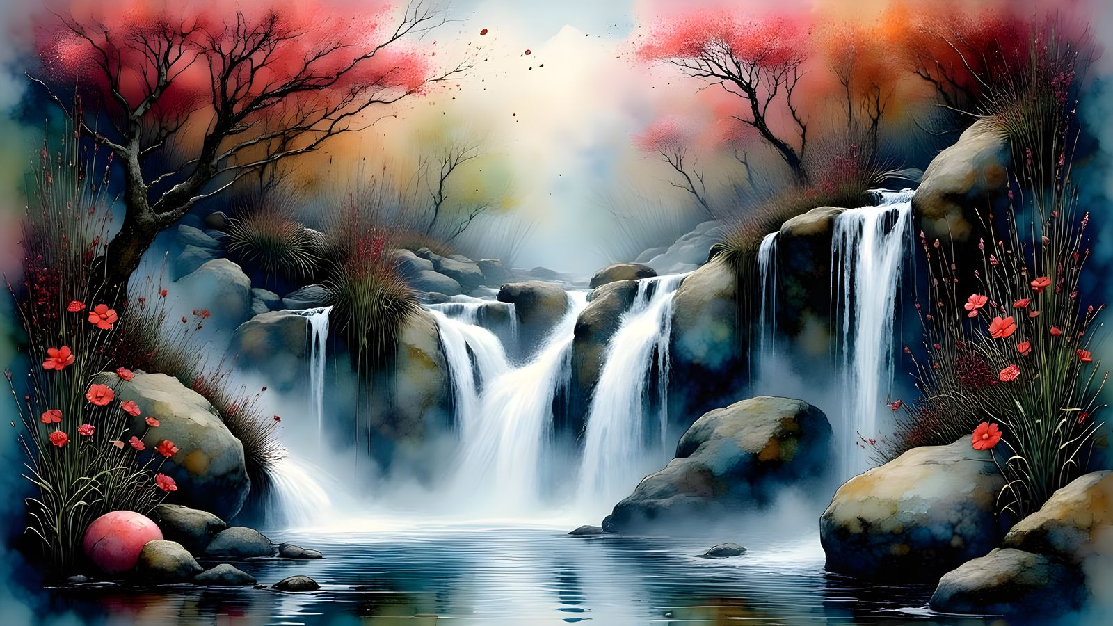 Whispers of the Waterfall: Ink-Washed Serenity