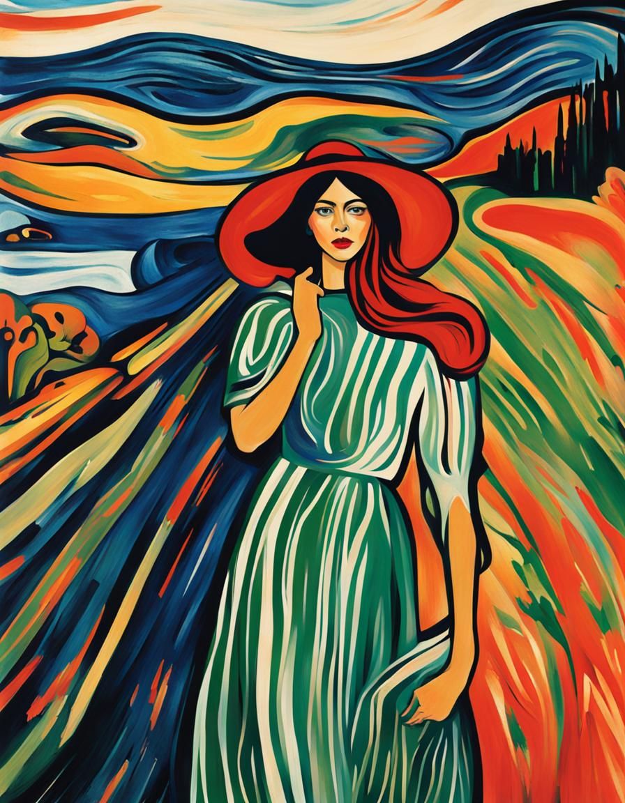 Woman in Field: Expressionist Art in Munch Style