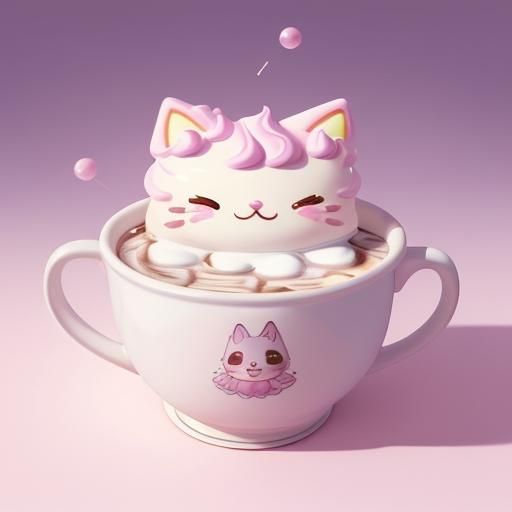 Chibi Marshmallow Cat in Hot Chocolate, Candy Art