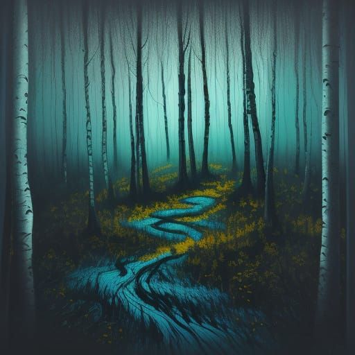 Surrealistic Figure Screams in Twisted Birch Forest