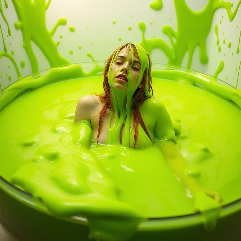 Woman Submerged in Electric Green Slime, Maximalist Vibes