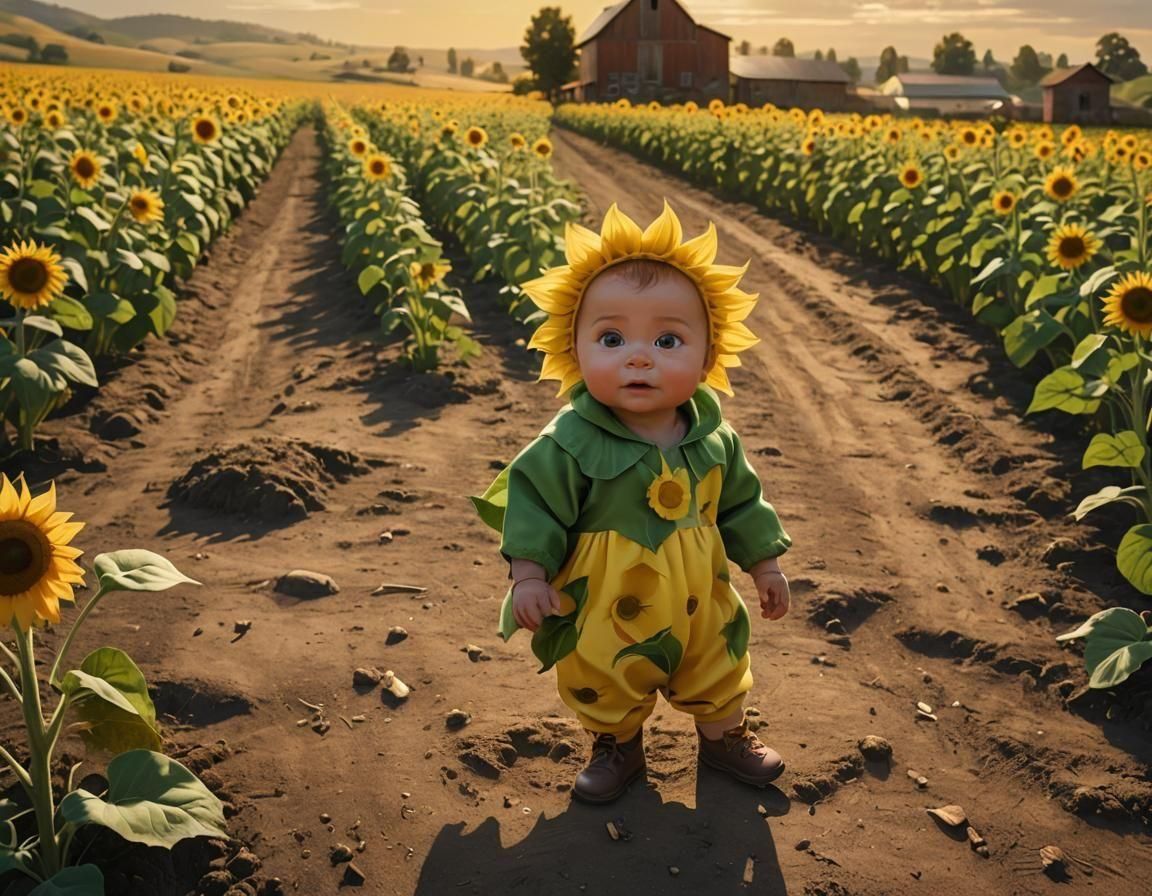 Pixar-Style Baby in Sunflower Costume on Farm