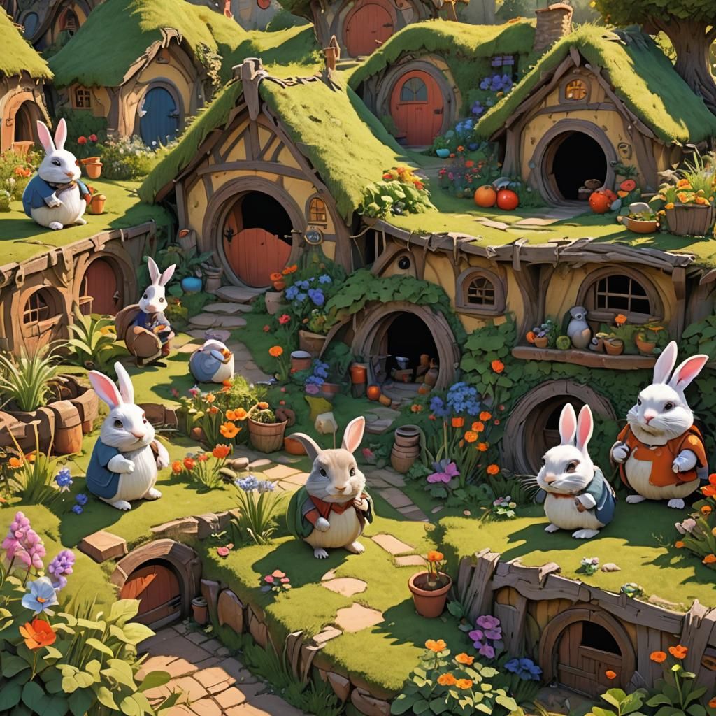 Whimsical Cartoon Rabbits Visit The Shire in 3D