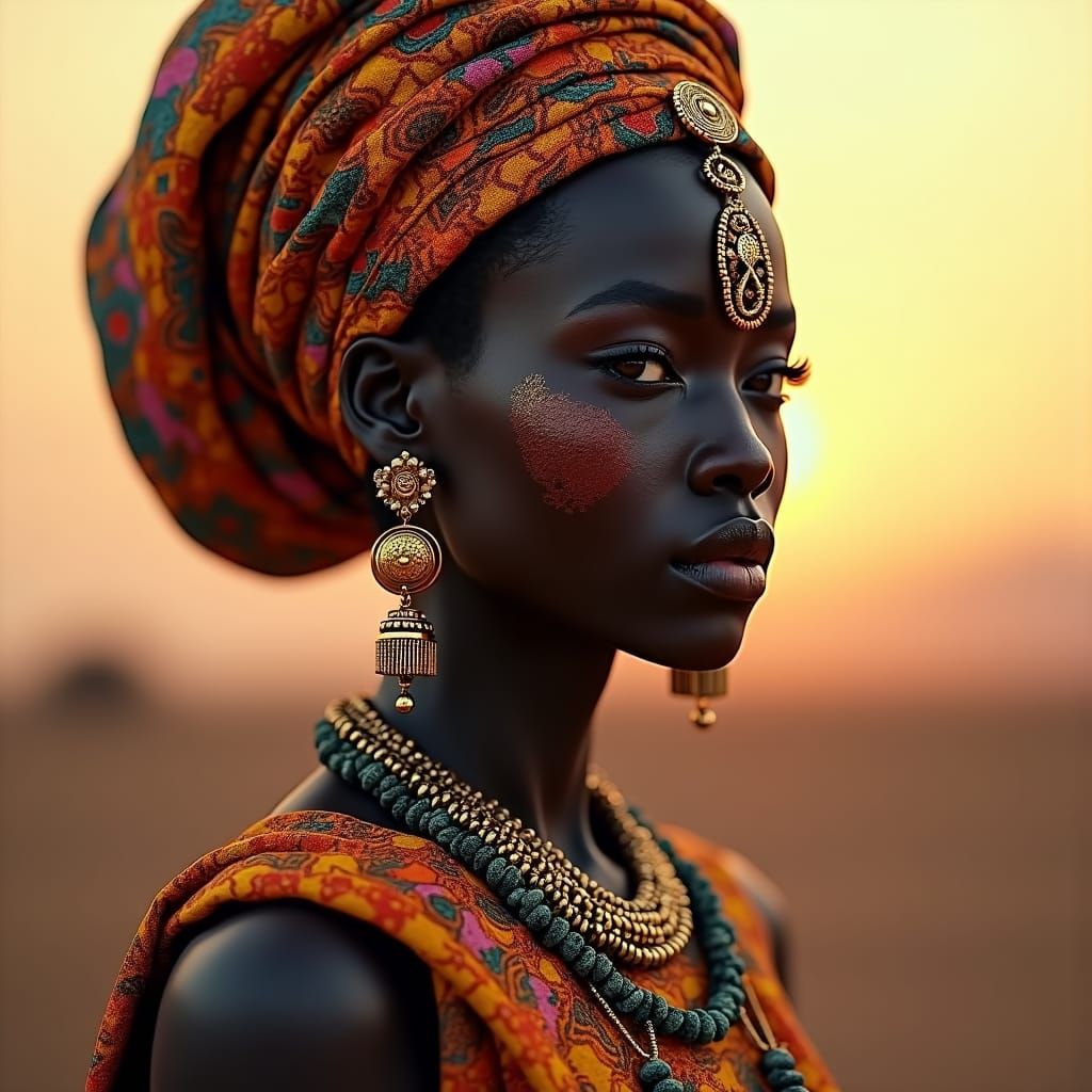 Ebony Woman in African Attire, Hyperrealistic Portrait